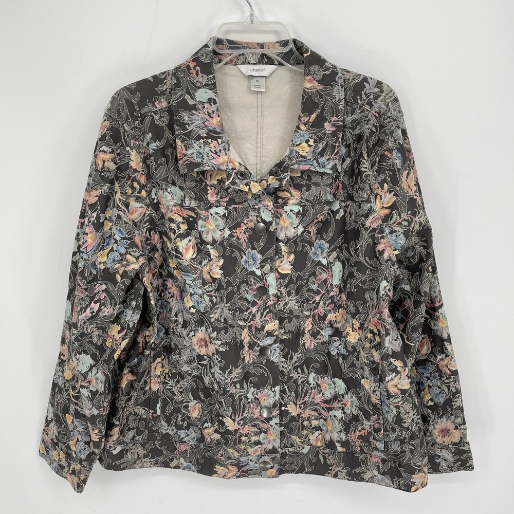 CJ Banks Women's Black Floral Jacquard Button Front Denim Jacket Plus Size 1X